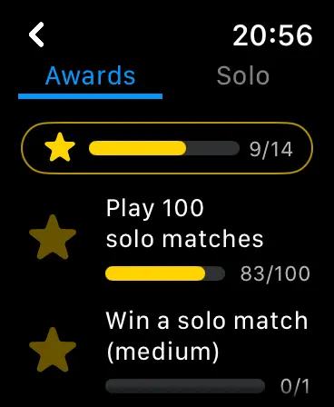 Achievements screen in Crown Tennis for Apple Watch